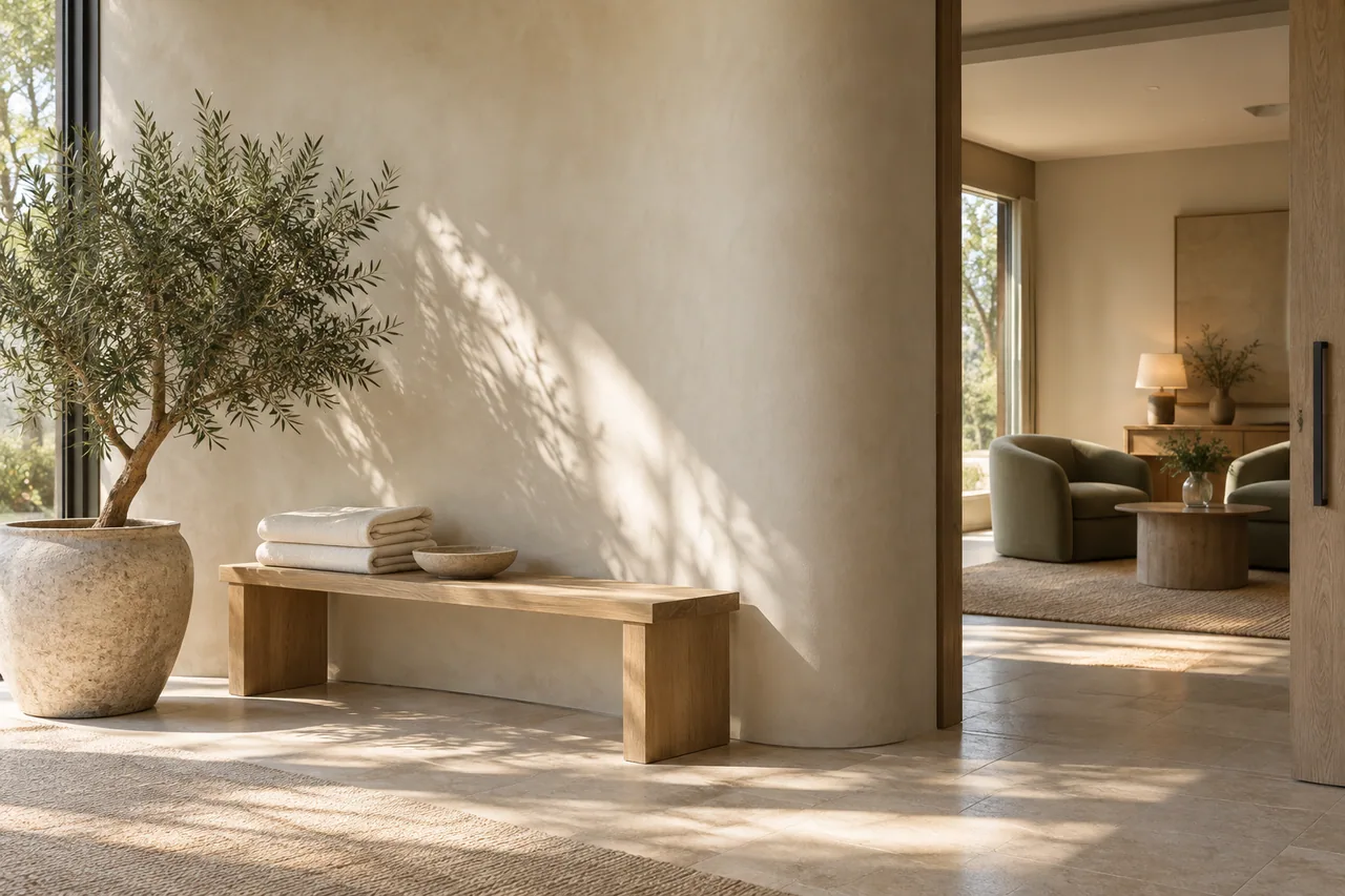 Light-filled wellness studio with oak furniture and linen towels