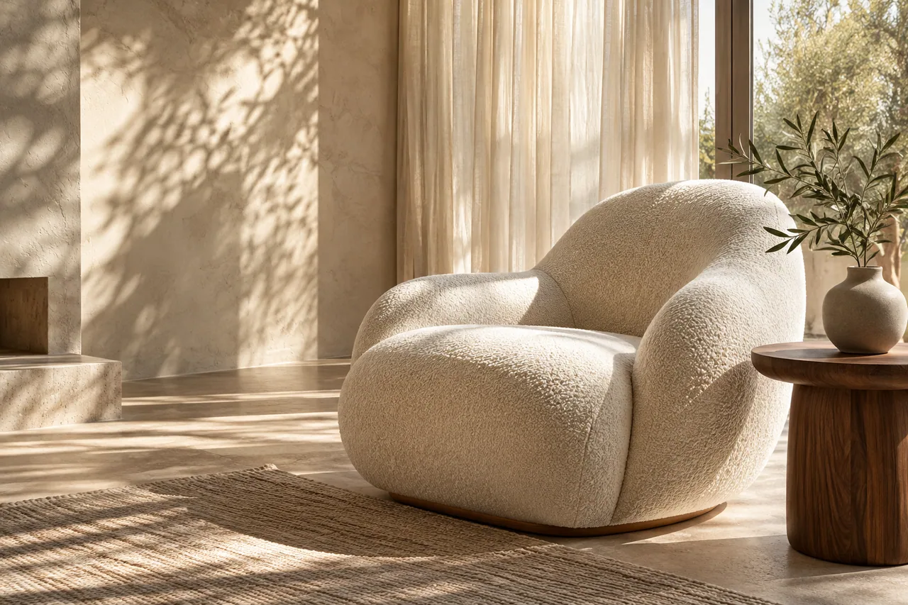 Cream lounge chair in a warm, sunlit interior